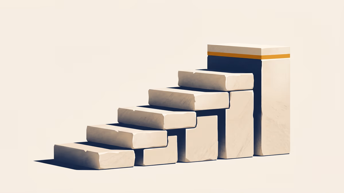 Six rising stone-cut blocks ascending left-to-right in a near-linear staircase against a warm ivory ground, each block carved from cream limestone with visible chisel-cut edges, the topmost block crowned with a single thin band of warm amber suggesting the latest record at the peak of the trajectory.