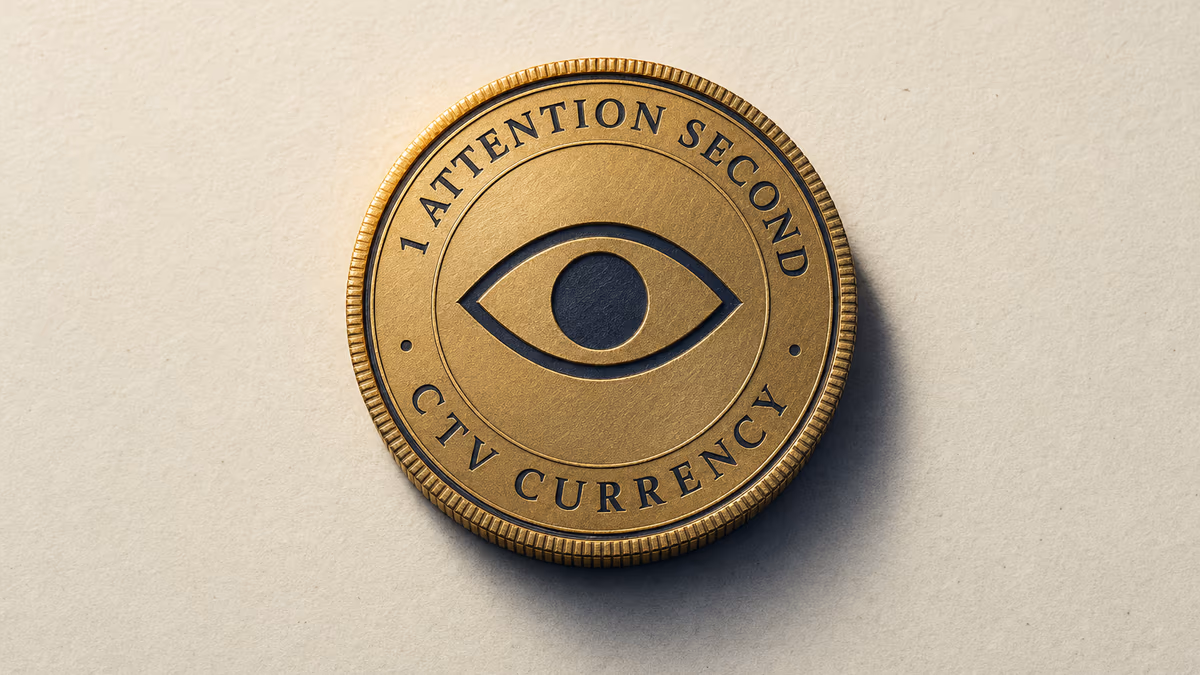 Brass coin stamped with an eye silhouette at center and text reading '1 ATTENTION SECOND • CTV CURRENCY' around the rim, symbolizing attention as a measurable, traded commodity in video advertising.
