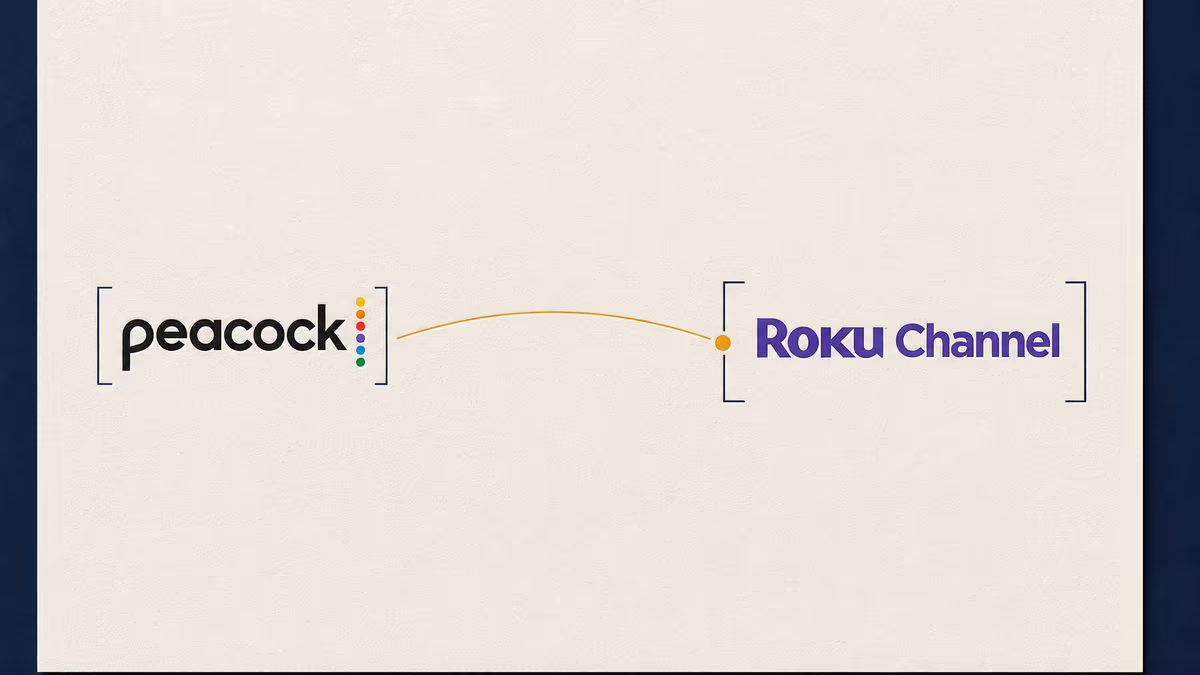 Editorial illustration: the Peacock wordmark on the left and The Roku Channel wordmark on the right, joined by a warm amber arc, letterpressed on ivory paper inside a deep navy border.