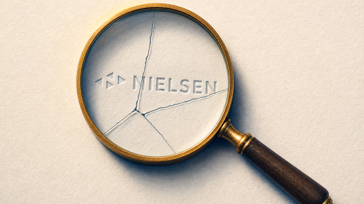 Brass-rimmed magnifying glass laying flat on warm ivory, its glass lens fractured radially into three clean cracks, with the Nielsen wordmark embossed faintly as a watermark across the center of the lens.