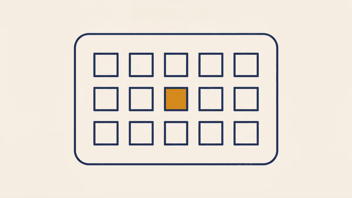Editorial Swiss-school graphic on warm ivory ground. A single large navy outlined geometric shell shape contains a regular 5x3 grid of 15 small navy outlined window squares; one window in the grid is filled warm amber. The shell-and-many-windows form reads as one platform housing many tenants — the SaaS / B2B2C structure the deal is pivoting toward.