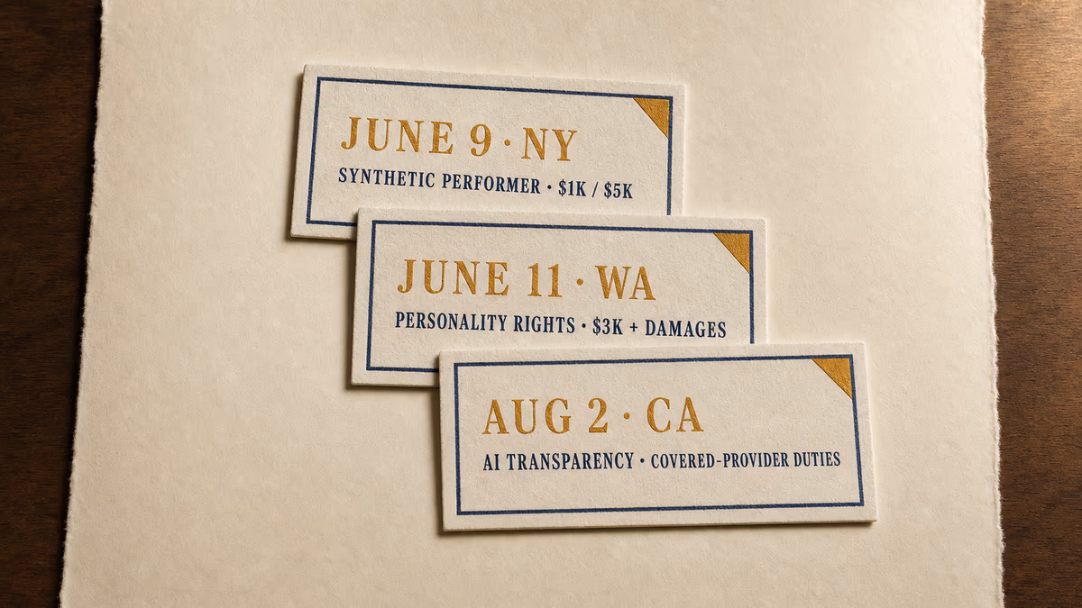 Editorial typographic plate on a single sheet of warm cream cotton-fiber paper laid flat on a warm walnut surface. Centered on the paper, three rectangular calendar tiles arranged in a slightly overlapping fan from upper-left to lower-right, each tile bordered in deep editorial navy with a single warm amber corner accent in its upper-right quadrant. Top tile, large tabular small-caps deep-navy serif as header reads JUNE 9 NY in warm amber, beneath it SYNTHETIC PERFORMER $1K $5K in deep navy. Middle tile reads JUNE 11 WA in amber, then PERSONALITY RIGHTS $3K PLUS DAMAGES in navy. Bottom tile reads AUG 2 CA in amber, then AI TRANSPARENCY COVERED-PROVIDER DUTIES in navy.
