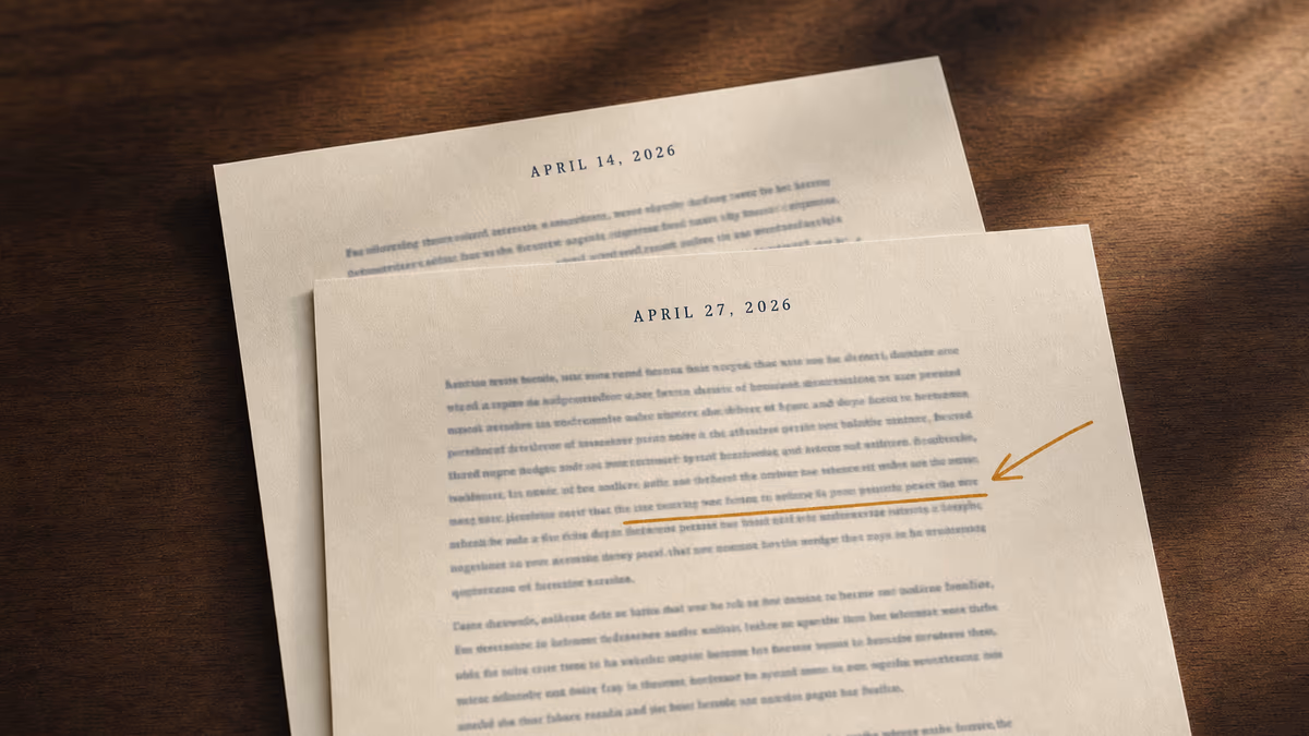 Editorial product photograph on a warm walnut surface showing two single-page memos on warm cream cotton-fiber paper lying flat, stacked with a small offset so both top edges are visible. The lower memo's top edge is dated APRIL 14 2026 in tabular deep-navy serif small caps; the upper memo's top edge is dated APRIL 27 2026 in the same hand. The bodies of the memos carry indistinct deep-navy serif text. On the upper memo, a single warm amber handwritten arrow originates in the right margin and points to a single line in the middle of the body, which is underlined in the same warm amber.