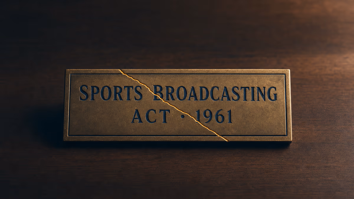 Editorial product photograph on a warm walnut surface showing a single rectangular antique brass plaque lying face-up centered in the frame, engraved in tabular deep-navy enamel-fill capitals across two centered lines reading SPORTS BROADCASTING ACT 1961. A single thin hairline crack runs diagonally across the face of the plaque from upper-left to lower-right, the crack precisely traced in warm amber enamel — the only warm-color note in the frame. Late-afternoon side-light from camera-right catches the engraved depth, the amber crack glinting.