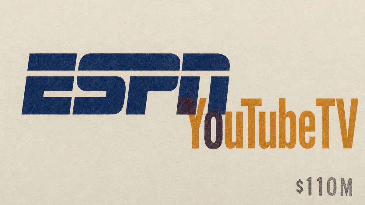 Two corporate stencil wordmarks — ESPN in deep navy and YouTube TV in warm amber — intersecting on warm ivory paper, with a small letterpress stamp reading $110M at the lower right.