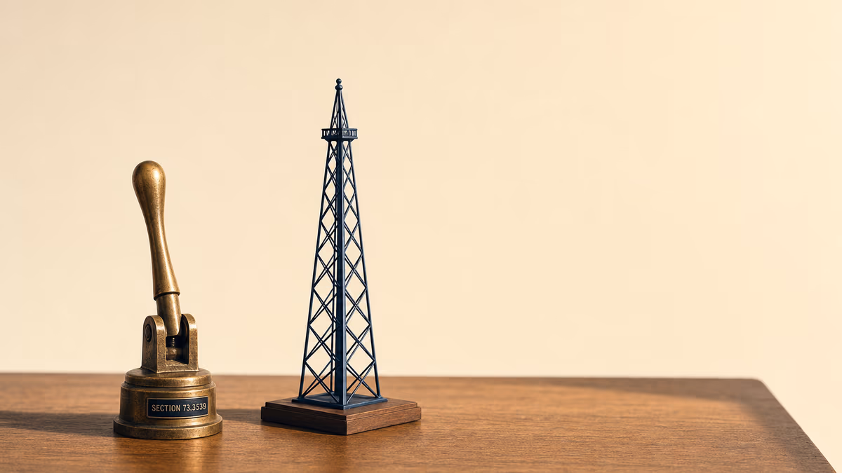 Editorial product photograph on a warm walnut surface showing a small antique brass lever standing upright in the lower-left third of the frame, its base bearing a deep editorial navy engraved plate reading SECTION 73.3539; about thirty percent of frame width to the right stands a precisely modeled miniature broadcast tower in matte deep navy metal at roughly the same scale. The upper two-thirds of the frame is unbroken warm ivory negative space. Late afternoon side-light from camera-right rakes across both objects, the wood grain visible at frame edges.