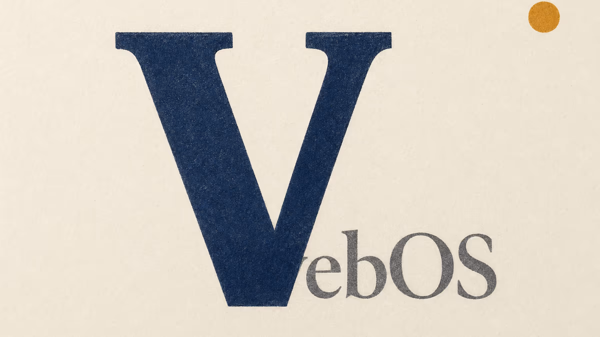 Editorial letterpress illustration: a tall sans-serif capital V in deep editorial navy ink eclipses the lowercase webOS wordmark behind it, with only the trailing 'os' visible from beneath the V's lower-right serif, on warm ivory paper stock with a single warm-amber registration mark in the upper-right margin.