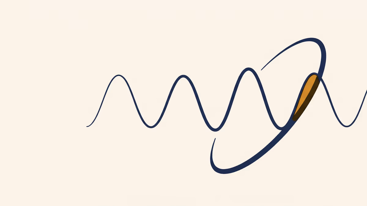 Editorial graphic of a horizontal navy soundwave crossing a curved satellite-orbit arc, meeting in a small amber lens shape on warm ivory.