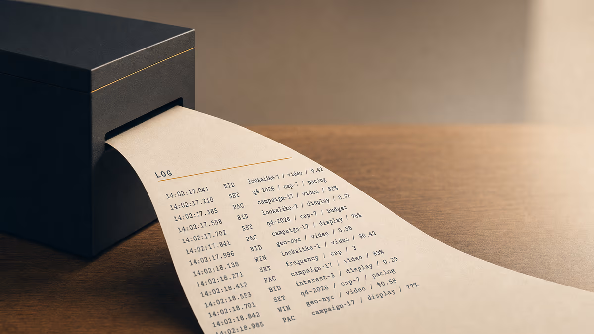A sealed black anodized box sits on a polished walnut desk, dispensing a continuous paper receipt tape carrying a structured audit log with timestamps and transaction codes (BID, SET, PAC, WIN). The logged trail represents the decision provenance of autonomous agents.