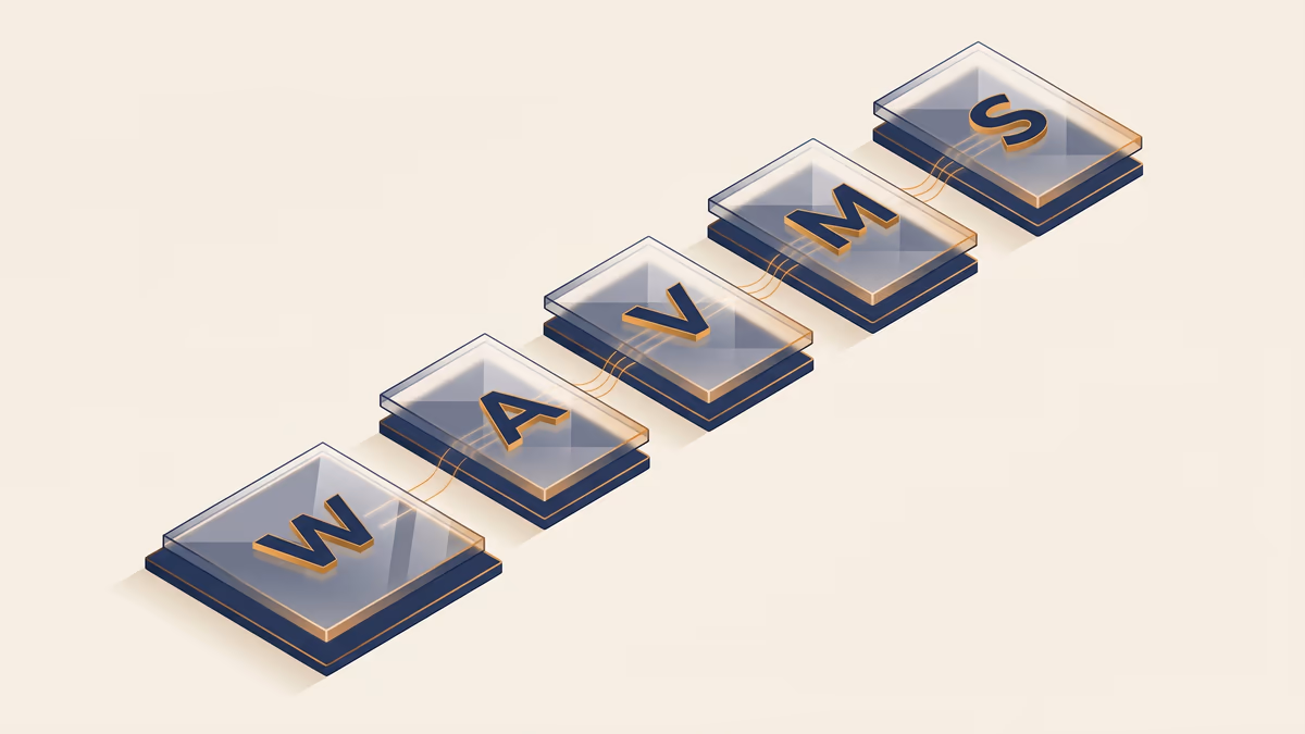 Editorial isometric rendering of five stacked translucent navy platform layers ascending diagonally on warm ivory, connected by thin amber threads, evoking a multi-component independent ad-tech stack.