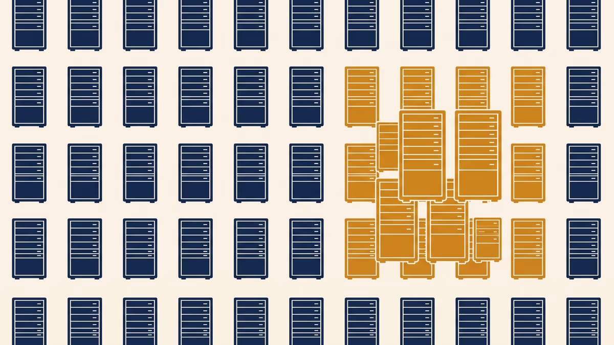 A dense field of small editorial-navy server racks on warm ivory, with one cluster scaled disproportionately large in warm amber, evoking the relative scale of one customer's compute commitment inside a hyperscaler's footprint.