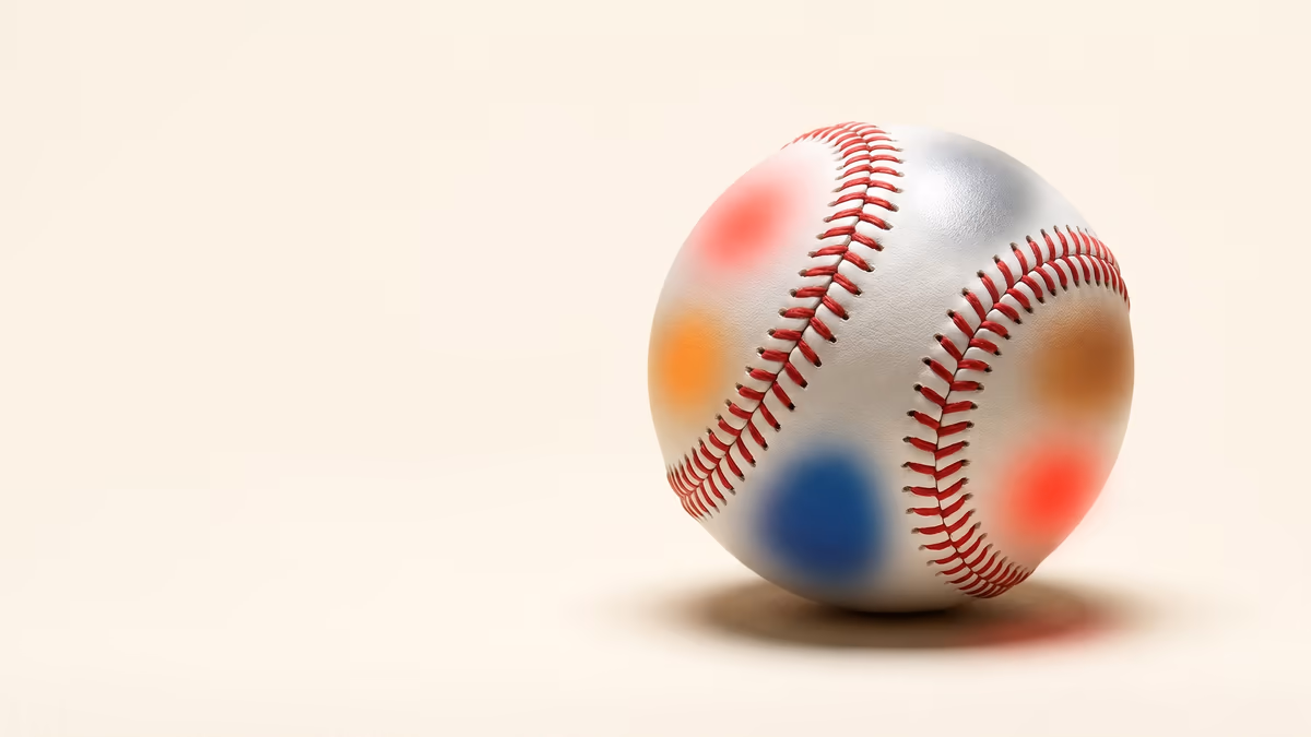 Editorial illustration: six small navy baseball-diamond pictograms arranged in a 3-by-2 grid on warm ivory paper, each separated by hairline rules, with a single warm-amber baseball at the upper right marking the fragmentation across distributors.