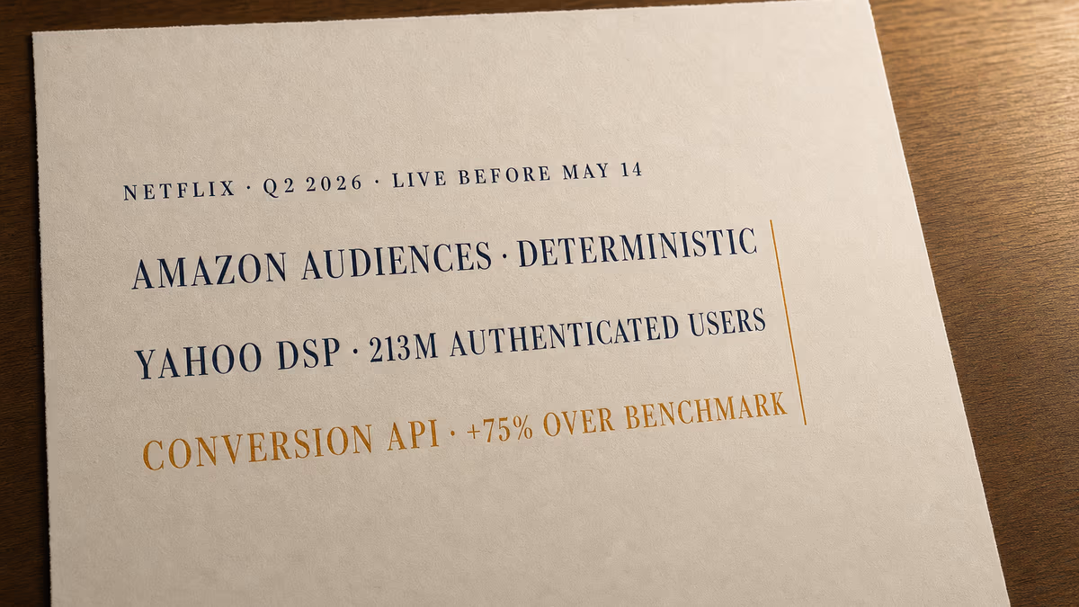 Editorial typographic plate on a single sheet of warm cream cotton-fiber paper laid on a warm walnut surface. A left-aligned vertical stack of three horizontal letterpress entries set in classical Didone serif tabular small caps. Top entry in deep editorial navy ink reads AMAZON AUDIENCES DETERMINISTIC. Middle entry in deep navy reads YAHOO DSP 213M AUTHENTICATED USERS. Bottom entry in warm amber reads CONVERSION API +75% OVER BENCHMARK. A single thin warm amber vertical rule runs along the right edge of all three lines. Above the stack, a small tabular small-caps deep-navy serif heading reads NETFLIX Q2 2026 LIVE BEFORE MAY 14.
