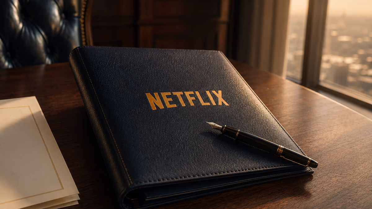 Folded Netflix shareholder letter on a corner-office desk under late-afternoon light, with an embossed Netflix mark on the cover and a fountain pen resting beside it.