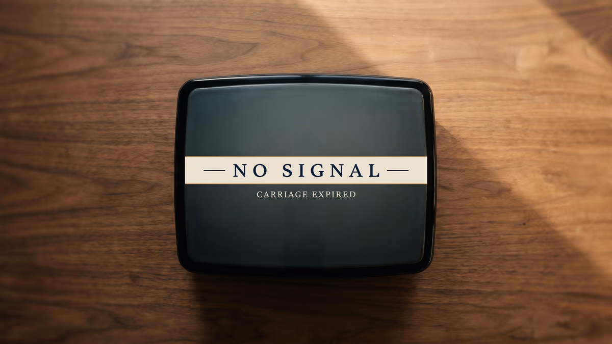 Editorial product still life of a single rectangular television screen face-up on a warm walnut surface in late-afternoon light. The deep charcoal screen carries a centered hairline warm amber rule with the words NO SIGNAL set in tabular small caps deep navy serif, and beneath that CARRIAGE EXPIRED in smaller deep navy serif.