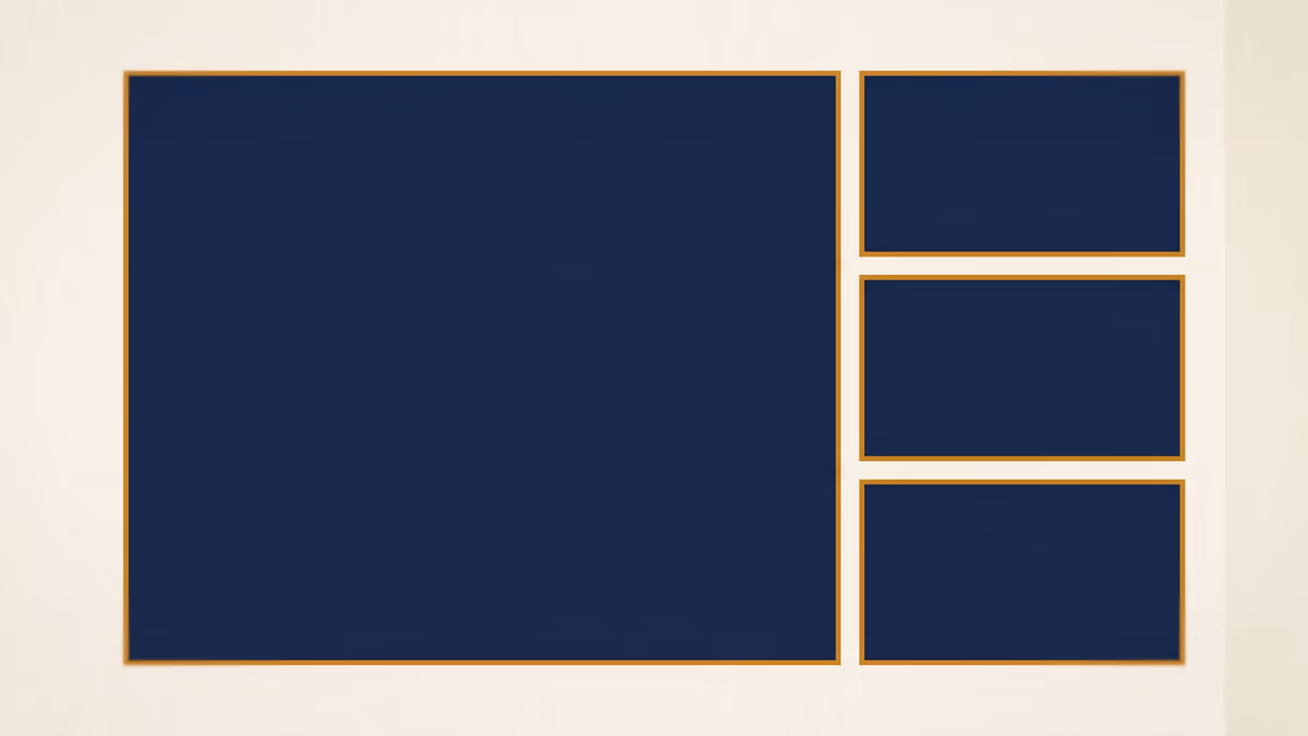 Four large enclosed platforms drawn in editorial navy and warm amber on warm ivory, the largest of them anchoring the foreground at roughly two-thirds of the frame, evoking the concentration of social-advertising revenue across a small set of platforms with Meta as the dominant share.