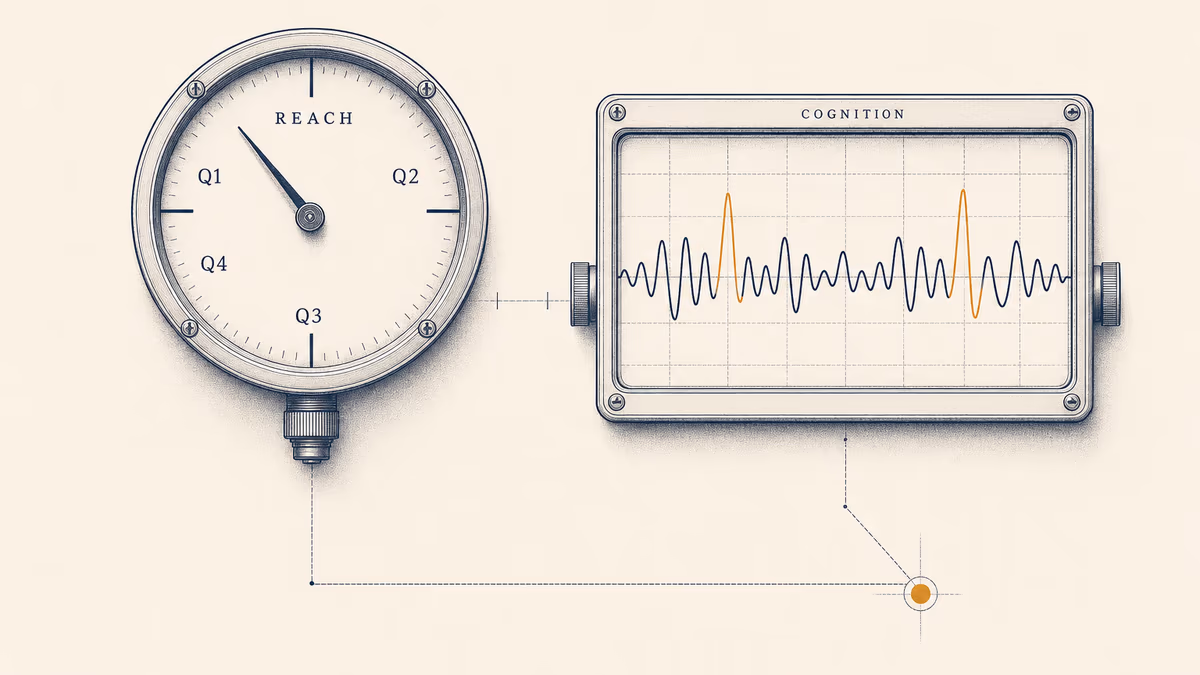 Two precision instruments side-by-side: a quarterly reach dial on the left, a continuously pulsing cognition signal trace on the right. A dotted line connects them to a converging point, navy and warm amber on warm ivory, illustrating the structural mismatch between two separate measurement calendars.